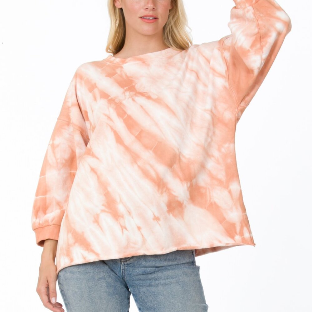 Vintage Soft Ballon Sleeve Pullover Sweatshirt - Peach and White Tie Dye